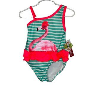 Penelope Mack Girls 4T Flamingo One Piece Swimsuit Green Pink Striped UPF 50 NWT